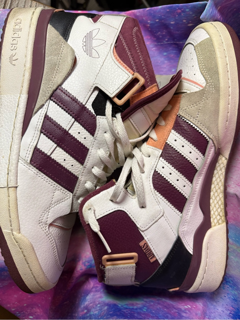 adidas High-Top Sneakers in White, Burgundy, and Peach - Picture 7 of 9